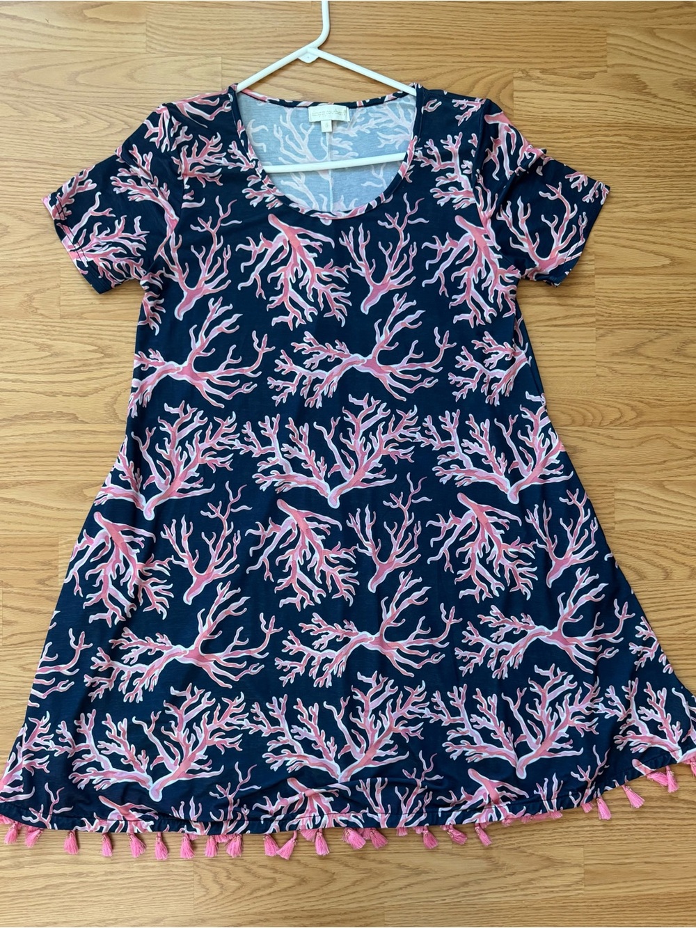 Simply Southern Women’s Navy & Pink Coral-Print Polyester Dress Tassel Hem - S
